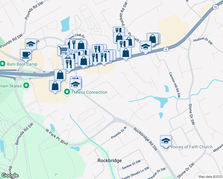map of restaurants, bars, coffee shops, grocery stores, and more near 5166 Vivid Drive Southwest in Stone Mountain