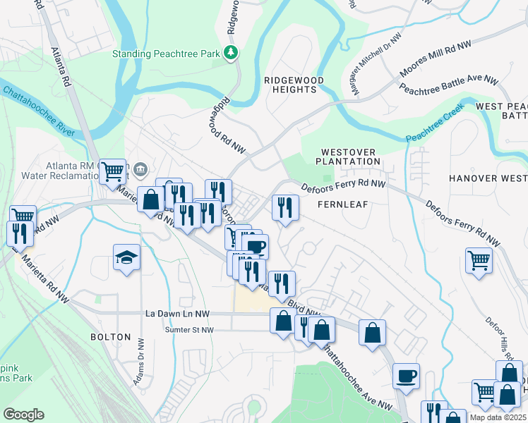 map of restaurants, bars, coffee shops, grocery stores, and more near 2788 Defoors Ferry Road Northwest in Atlanta