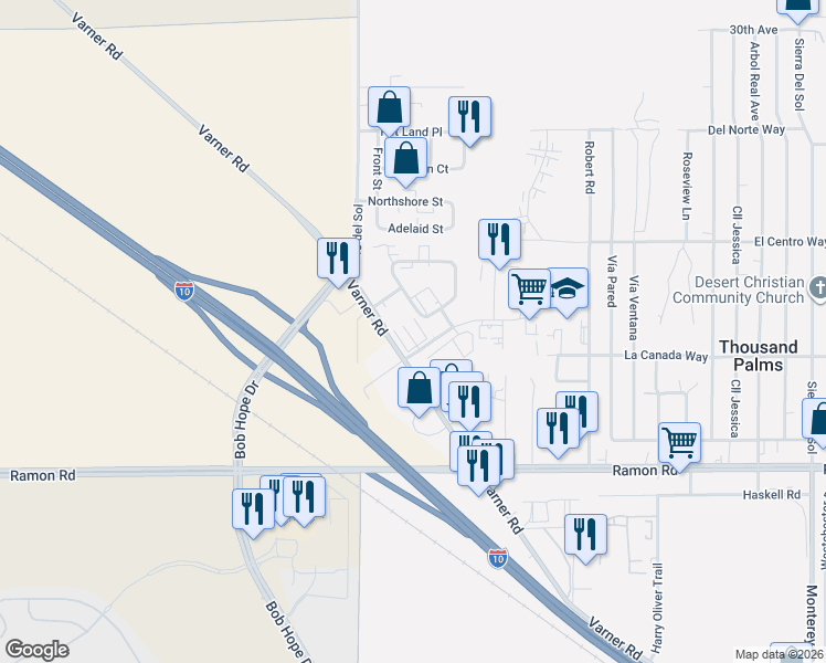 map of restaurants, bars, coffee shops, grocery stores, and more near 72096 Dunham Way in Thousand Palms