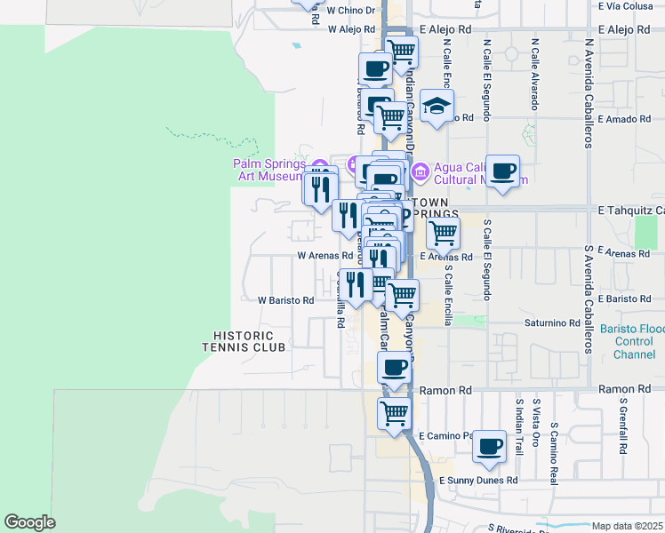 map of restaurants, bars, coffee shops, grocery stores, and more near 226 South Lugo Road in Palm Springs