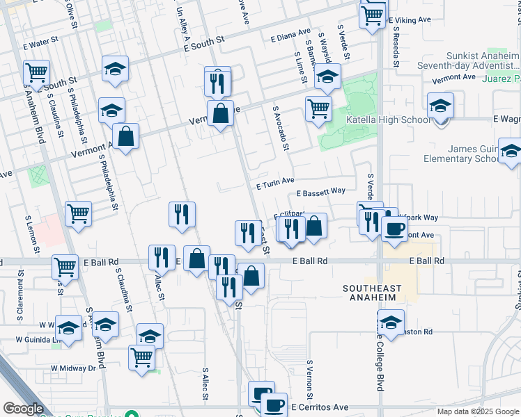 map of restaurants, bars, coffee shops, grocery stores, and more near 1075 South Clifpark Circle in Anaheim