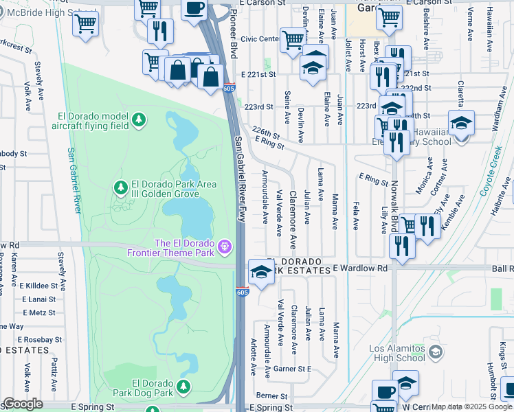 map of restaurants, bars, coffee shops, grocery stores, and more near 7825 East Topia Street in Long Beach