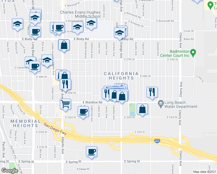 map of restaurants, bars, coffee shops, grocery stores, and more near 3511 Cerritos Avenue in Long Beach