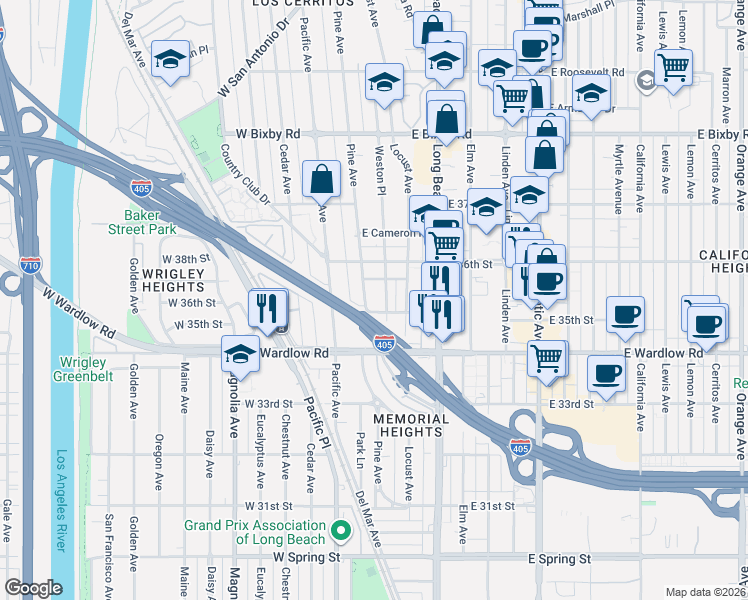 map of restaurants, bars, coffee shops, grocery stores, and more near 100 East 35th Street in Long Beach
