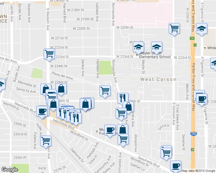 map of restaurants, bars, coffee shops, grocery stores, and more near 1331 West 227th Street in Torrance