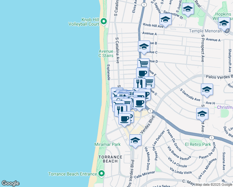 map of restaurants, bars, coffee shops, grocery stores, and more near 1516 Esplanade in Redondo Beach
