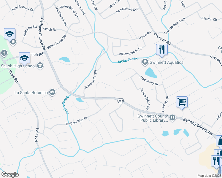 map of restaurants, bars, coffee shops, grocery stores, and more near 2814 Brackenwood Court in Snellville