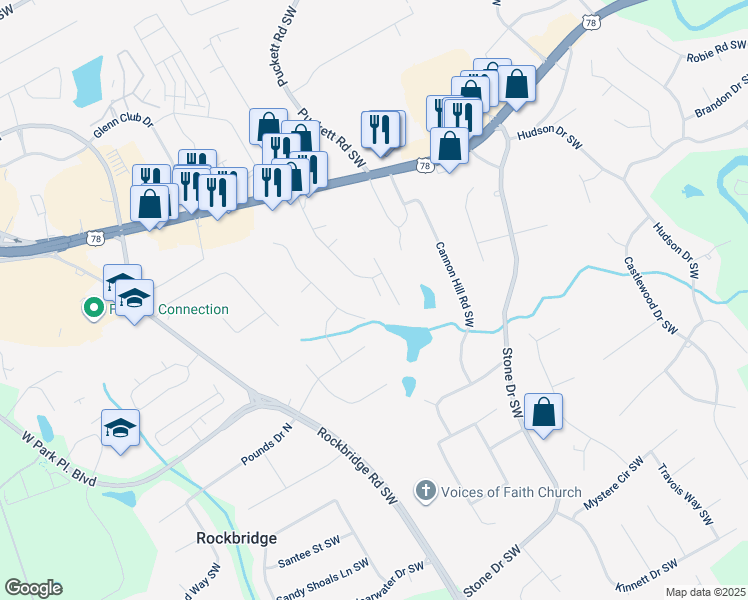 map of restaurants, bars, coffee shops, grocery stores, and more near 2232 Colonial Oak Way Southwest in Stone Mountain
