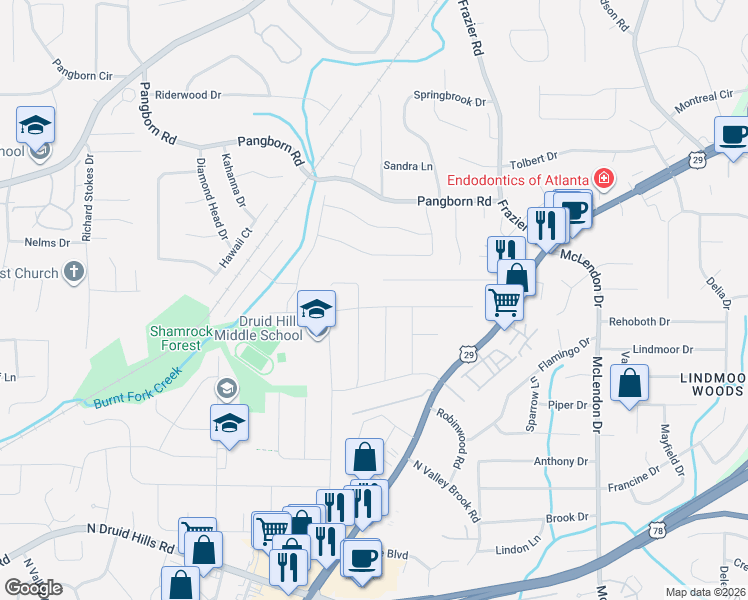 map of restaurants, bars, coffee shops, grocery stores, and more near 2907 Delcourt Drive in Decatur