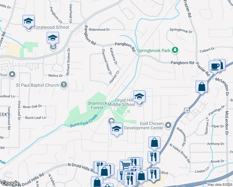 map of restaurants, bars, coffee shops, grocery stores, and more near 2709 Millwood Court in Decatur
