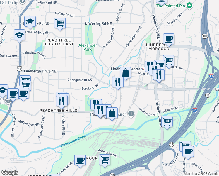 map of restaurants, bars, coffee shops, grocery stores, and more near 480 Peachtree Hills Avenue Northeast in Atlanta