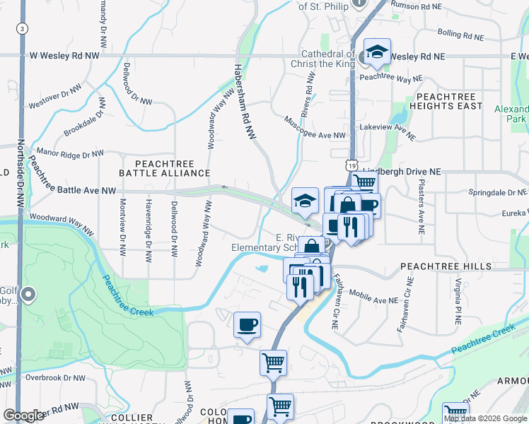 map of restaurants, bars, coffee shops, grocery stores, and more near 150 Peachtree Battle Avenue Northwest in Atlanta