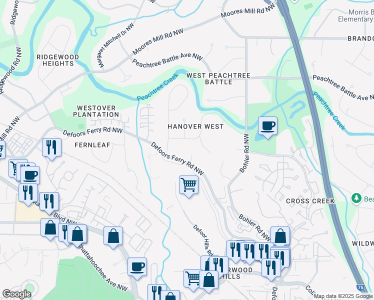 map of restaurants, bars, coffee shops, grocery stores, and more near 2376 Hyde Park Court in Atlanta