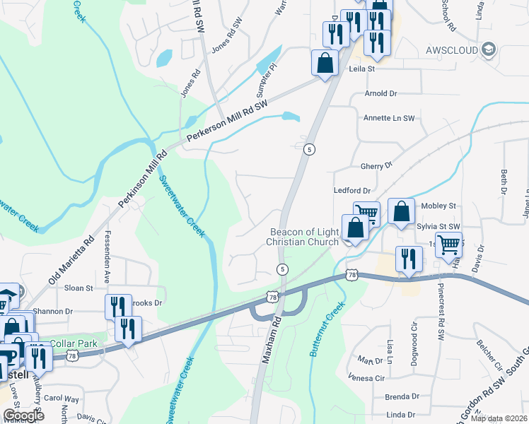 map of restaurants, bars, coffee shops, grocery stores, and more near 5030 Bishops Row in Austell