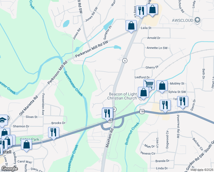 map of restaurants, bars, coffee shops, grocery stores, and more near 5030 Bishops Row in Austell