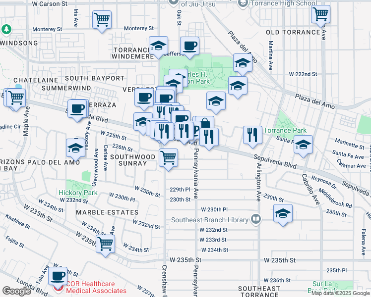 map of restaurants, bars, coffee shops, grocery stores, and more near 2421 West 227th Street in Torrance