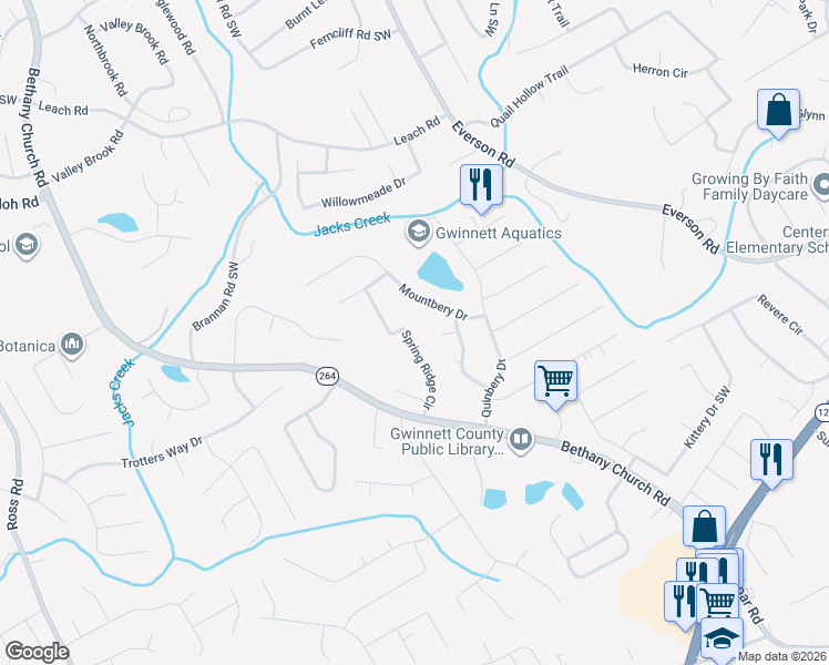 map of restaurants, bars, coffee shops, grocery stores, and more near 2821 Spring Ridge Circle in Snellville