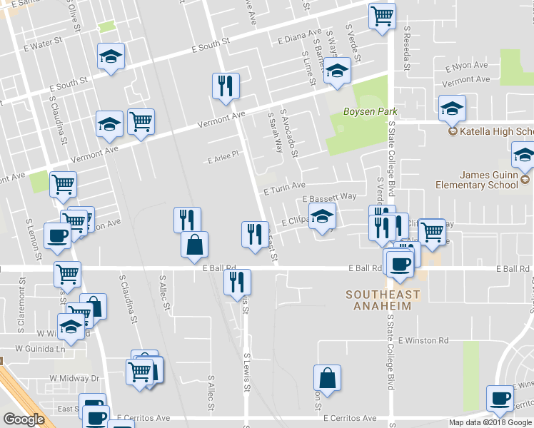map of restaurants, bars, coffee shops, grocery stores, and more near 1075 South Clifpark Circle in Anaheim