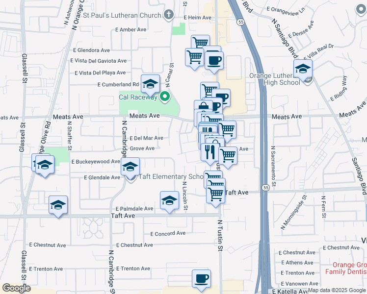 map of restaurants, bars, coffee shops, grocery stores, and more near 1979 North Lincoln Street in Orange