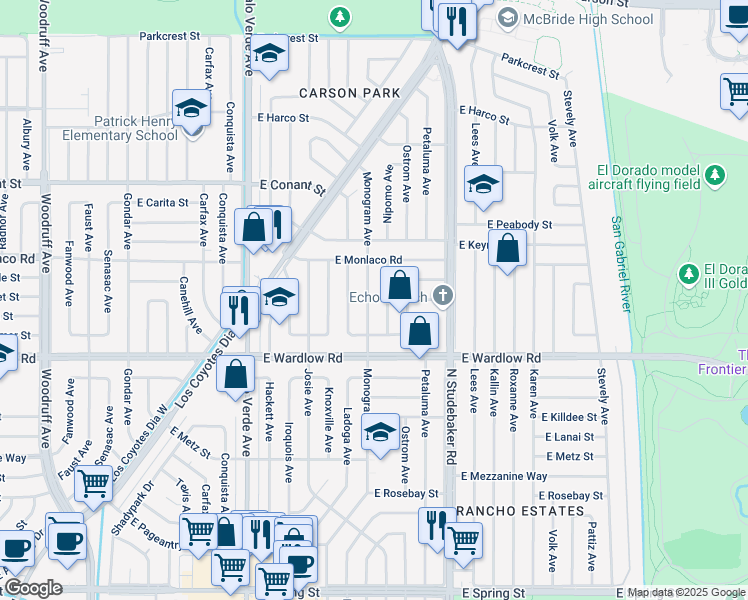 map of restaurants, bars, coffee shops, grocery stores, and more near 3502 Monogram Avenue in Long Beach
