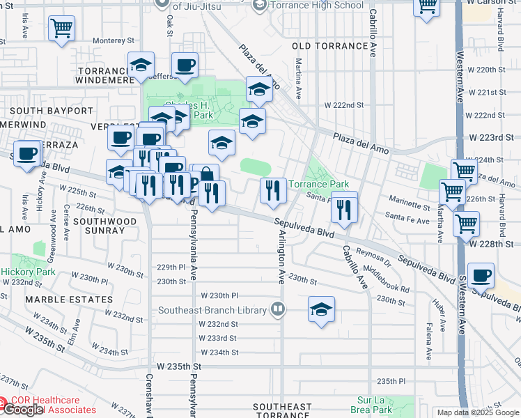 map of restaurants, bars, coffee shops, grocery stores, and more near 2245 Sepulveda Boulevard in Torrance