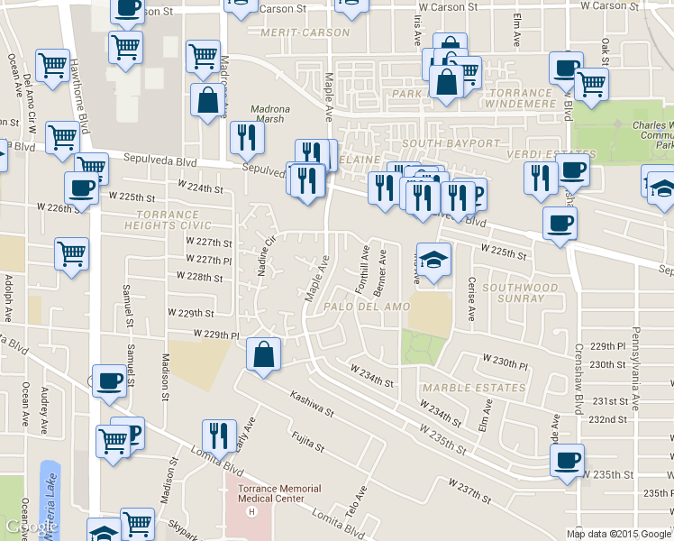 map of restaurants, bars, coffee shops, grocery stores, and more near 2934 West 227th Street in Torrance