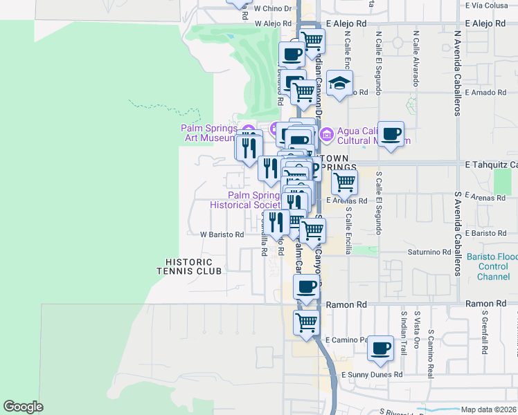map of restaurants, bars, coffee shops, grocery stores, and more near 226 South Lugo Road in Palm Springs