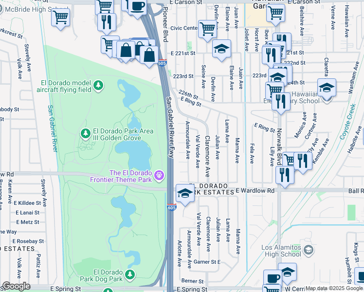 map of restaurants, bars, coffee shops, grocery stores, and more near 7825 East Topia Street in Long Beach