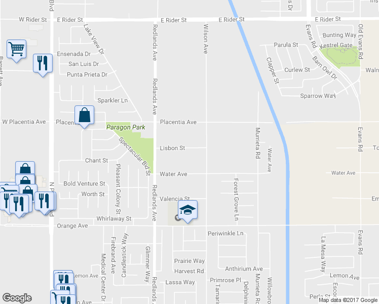 map of restaurants, bars, coffee shops, grocery stores, and more near 541 Lisbon Street in Perris