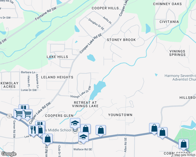 map of restaurants, bars, coffee shops, grocery stores, and more near 159 Vinings Lake Court Southwest in Mableton