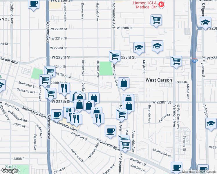 map of restaurants, bars, coffee shops, grocery stores, and more near 1331 West 227th Street in Torrance