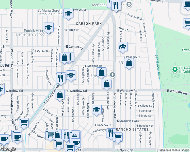 map of restaurants, bars, coffee shops, grocery stores, and more near 3502 Monogram Avenue in Long Beach