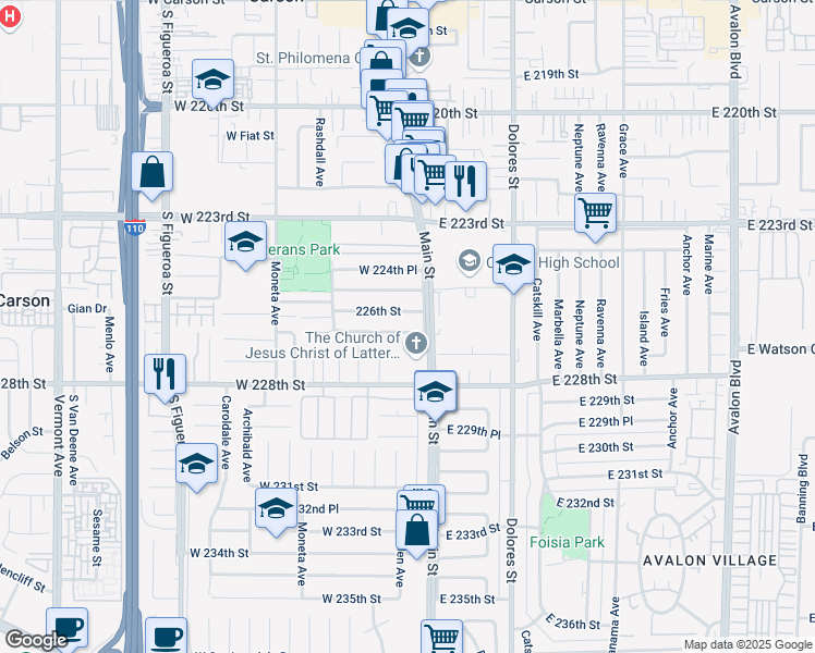 map of restaurants, bars, coffee shops, grocery stores, and more near 118 West 226th Place in Carson