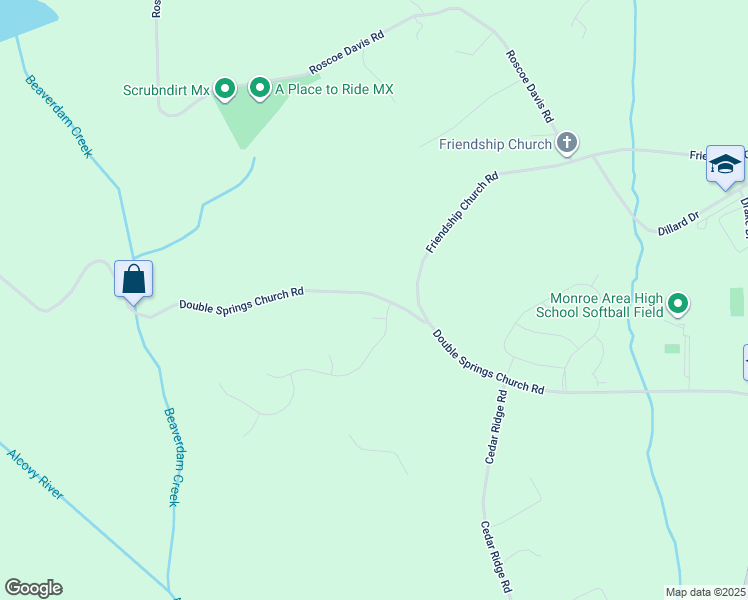 map of restaurants, bars, coffee shops, grocery stores, and more near 1720 Double Springs Church Road in Monroe