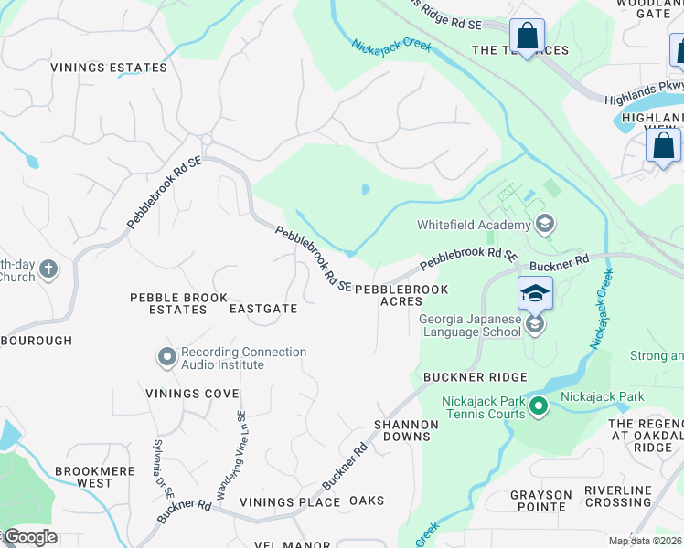 map of restaurants, bars, coffee shops, grocery stores, and more near 1215 Pebblebrook Road Southeast in Mableton