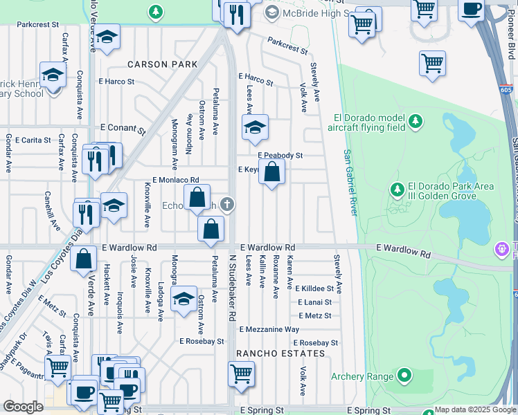 map of restaurants, bars, coffee shops, grocery stores, and more near 3503 Kallin Avenue in Long Beach