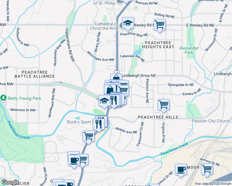 map of restaurants, bars, coffee shops, grocery stores, and more near 2365 Peachtree Road in Atlanta