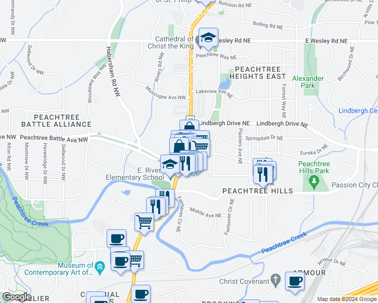 map of restaurants, bars, coffee shops, grocery stores, and more near 2365 Peachtree Road in Atlanta