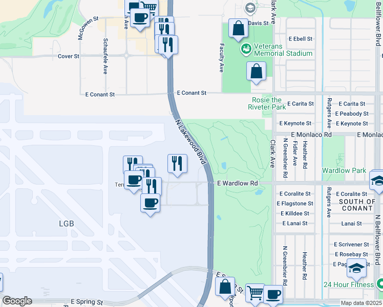map of restaurants, bars, coffee shops, grocery stores, and more near 3501 North Lakewood Boulevard in Long Beach