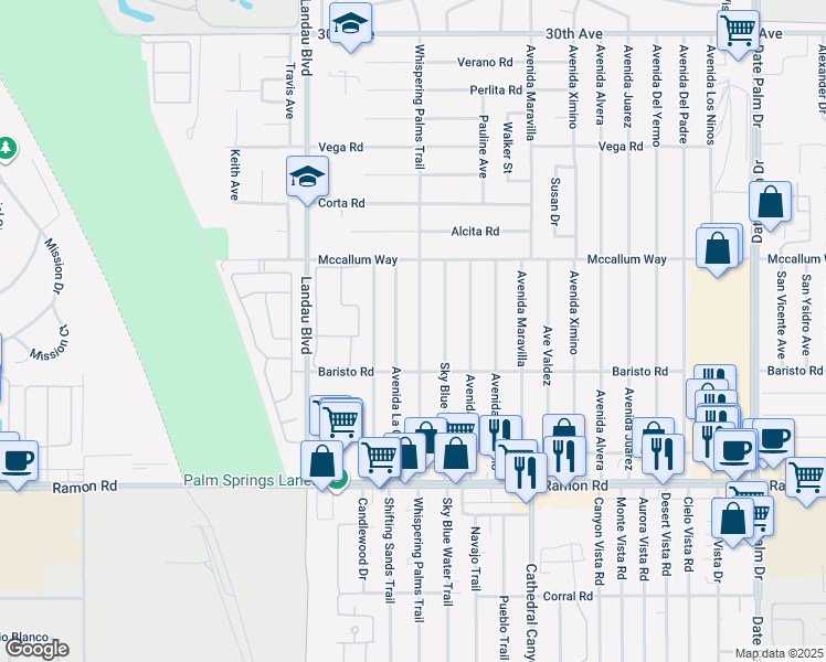 map of restaurants, bars, coffee shops, grocery stores, and more near 31295 Whispering Palms Trail in Cathedral City
