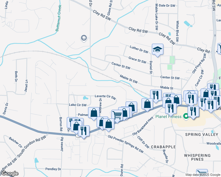 map of restaurants, bars, coffee shops, grocery stores, and more near 1260 Vonda Lane Southwest in Mableton