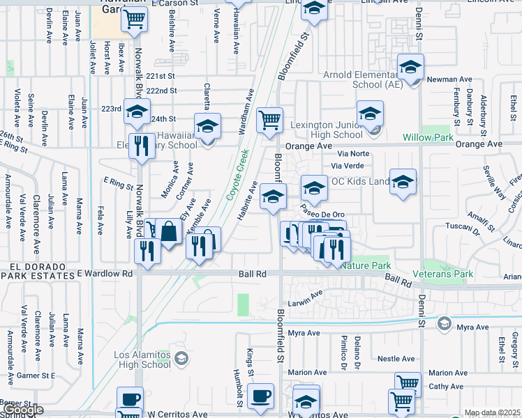 map of restaurants, bars, coffee shops, grocery stores, and more near 8320 East Littlefield Street in Long Beach