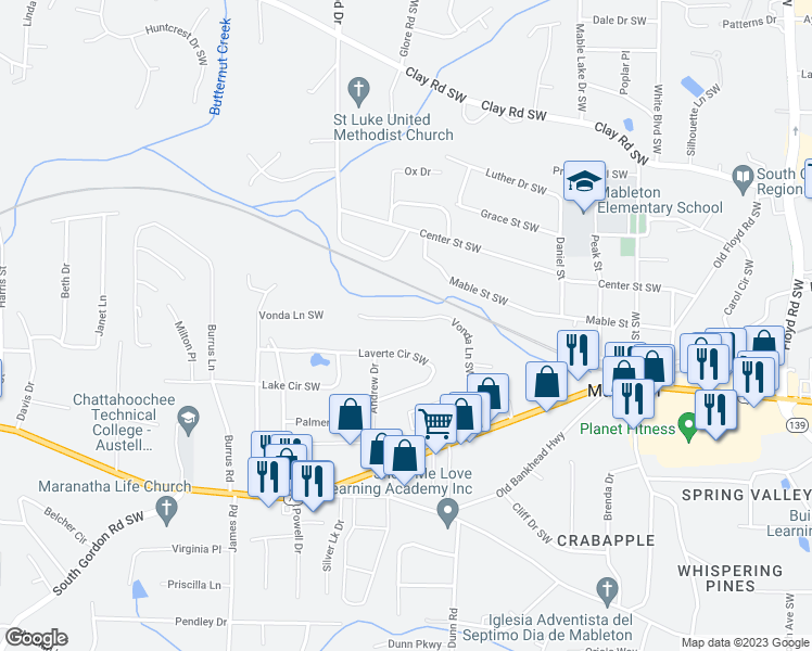 map of restaurants, bars, coffee shops, grocery stores, and more near 1270 Vonda Lane Southwest in Mableton
