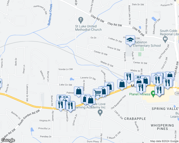 map of restaurants, bars, coffee shops, grocery stores, and more near 1280 Vonda Lane Southwest in Mableton