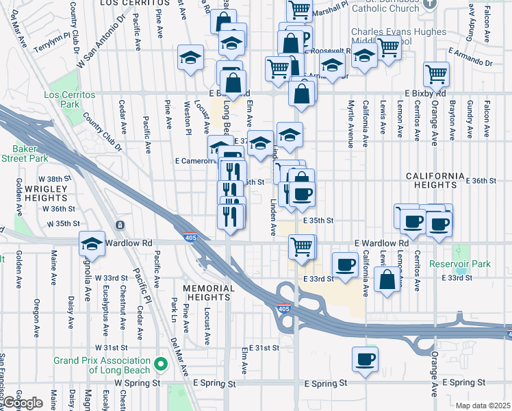 map of restaurants, bars, coffee shops, grocery stores, and more near 3520 Elm Avenue in Long Beach