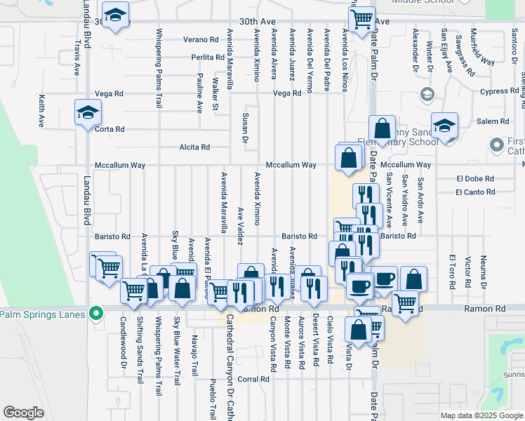 map of restaurants, bars, coffee shops, grocery stores, and more near 31320 Avenida Ximino in Cathedral City