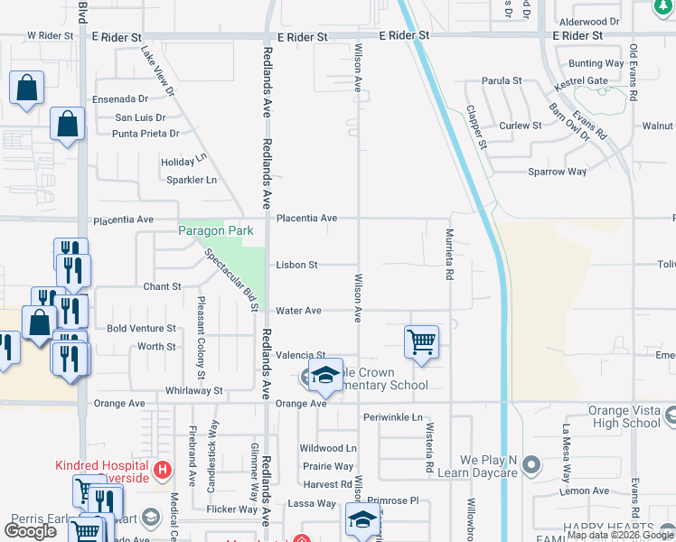 map of restaurants, bars, coffee shops, grocery stores, and more near 541 Lisbon Street in Perris