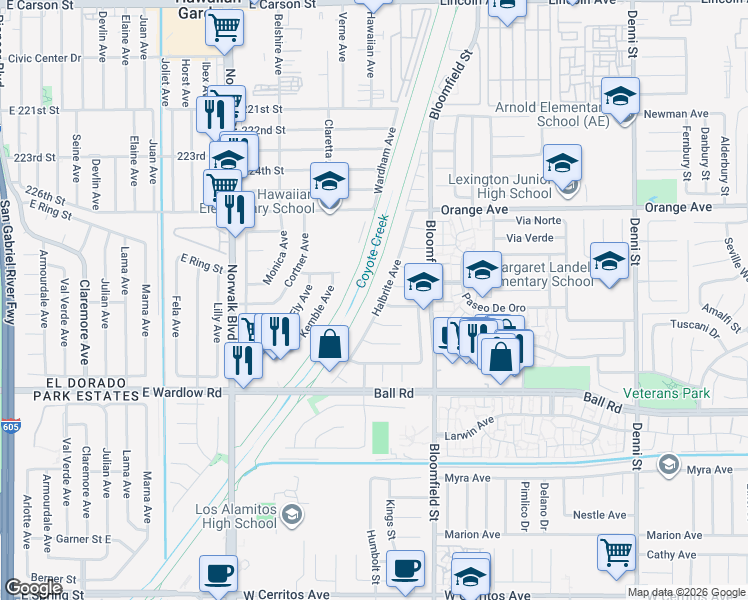 map of restaurants, bars, coffee shops, grocery stores, and more near 8320 East Littlefield Street in Long Beach