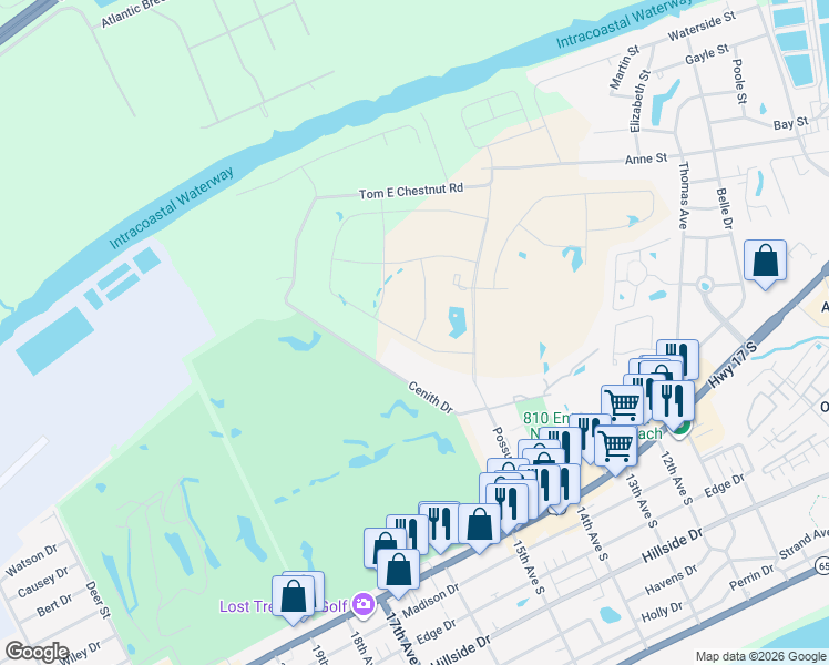map of restaurants, bars, coffee shops, grocery stores, and more near 301 Possum Trot Rd in North Myrtle Beach