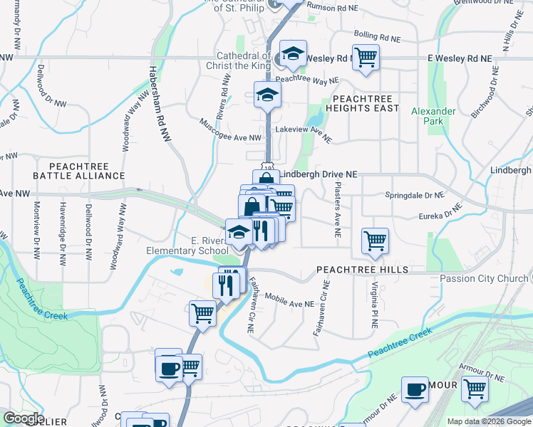 map of restaurants, bars, coffee shops, grocery stores, and more near 2365 Peachtree Road in Atlanta